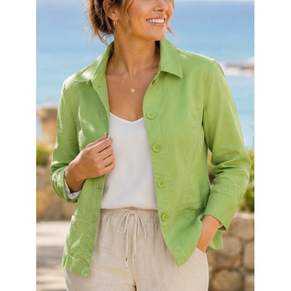 Pursuits Ltd Green Jacket Medium Cotton Spandex Lightweight Blazer Preppy